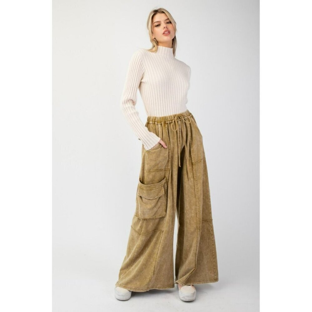 Part Of The Journey Mineral Washed Wide Leg Pants in Faded Olive - Picture 2 of 5